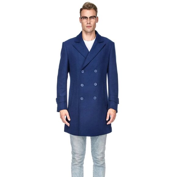 Mens Modern Double Breasted Wool Pea Coat in Indigo Blue - Picture 1 of 2